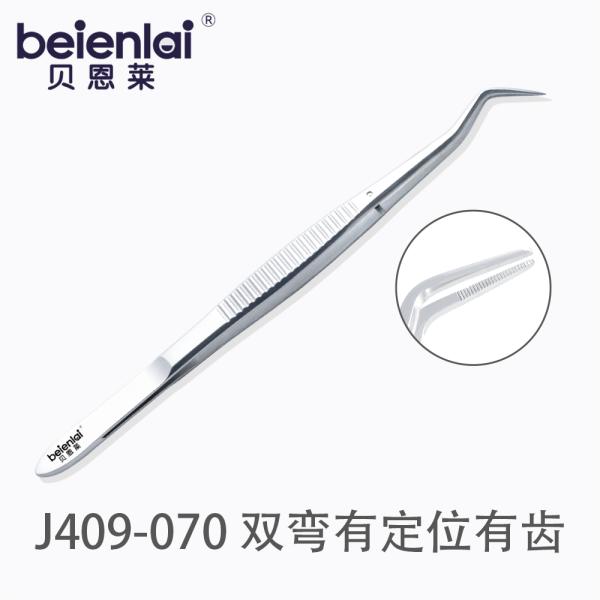 Benlai Dental Tweezers J409-070, Double Curved, 16cm, With Position Pin, Serrated